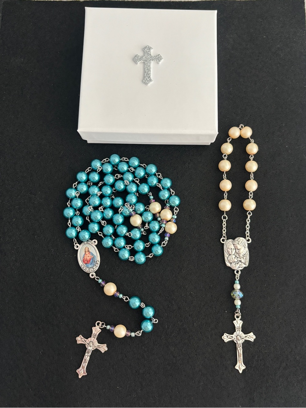 Handmade Blue Immaculate Heart Jesus/Holy Family Decade Catholic Rosary Set